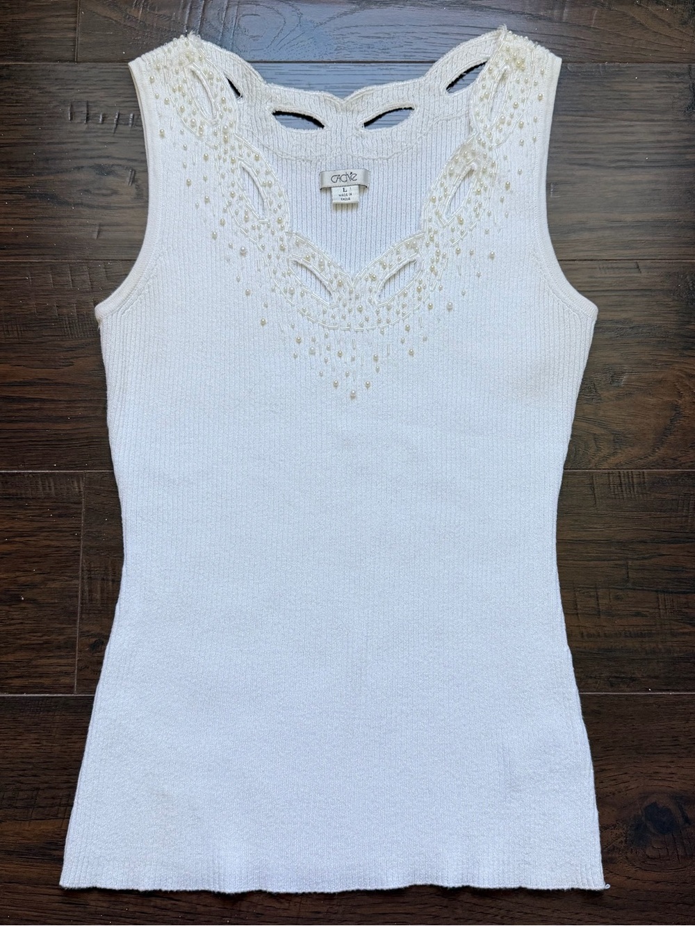 Vintage Cache White Ribbed Pearl Beaded Tank
